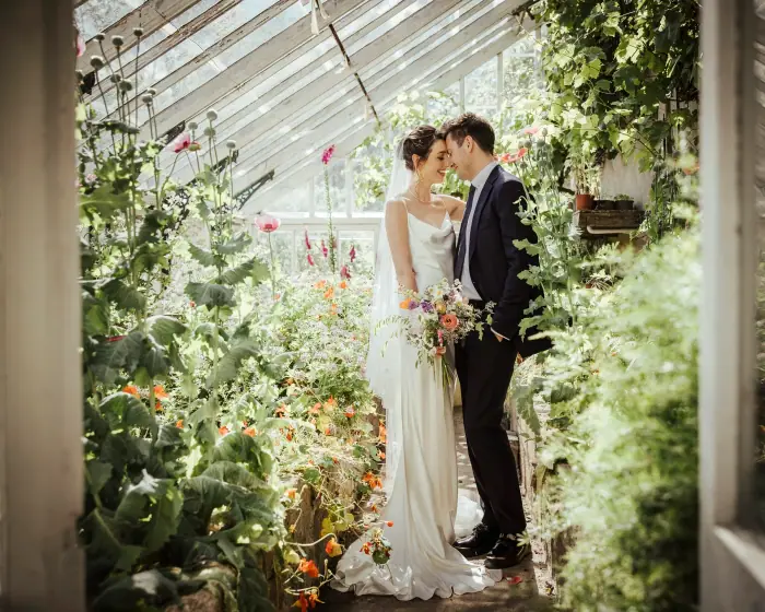 A couple photographed together on their wedding day